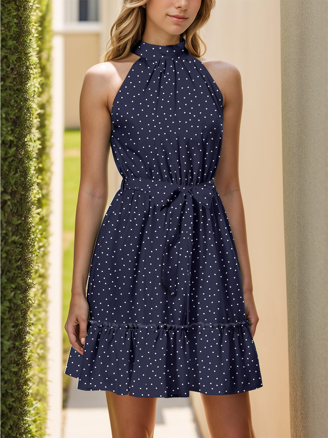 Blue Zone Planet | Tied Polka Dot Grecian Sleeveless Dress-TOPS / DRESSES-[Adult]-[Female]-2022 Online Blue Zone Planet