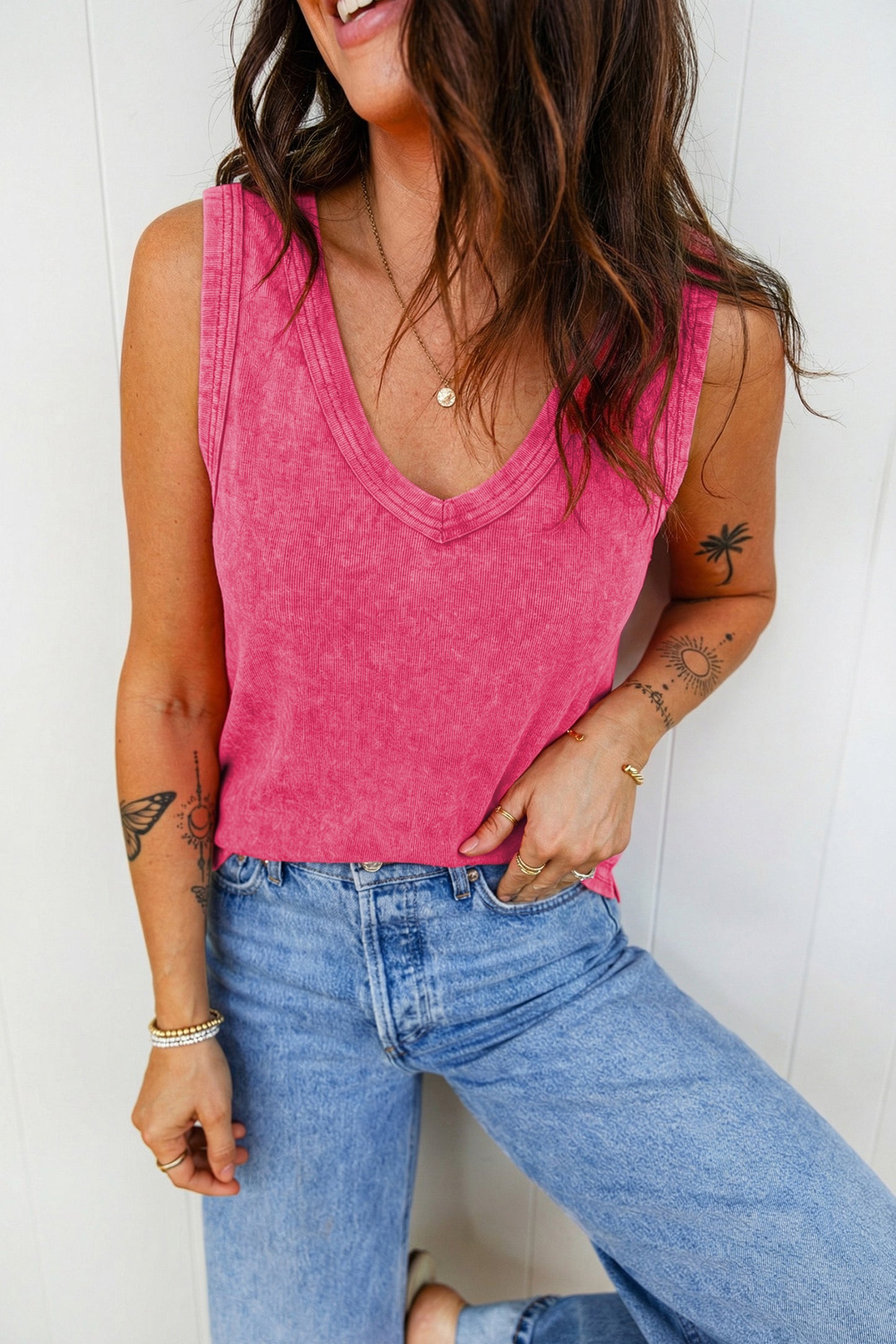 Rose Red Mineral Wash V Neck Tank Top-Tops/Tank Tops-[Adult]-[Female]-2022 Online Blue Zone Planet