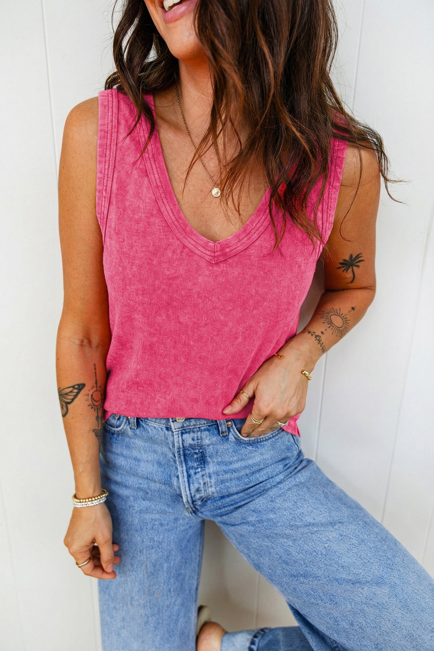 Rose Red Mineral Wash V Neck Tank Top-Tops/Tank Tops-[Adult]-[Female]-2022 Online Blue Zone Planet