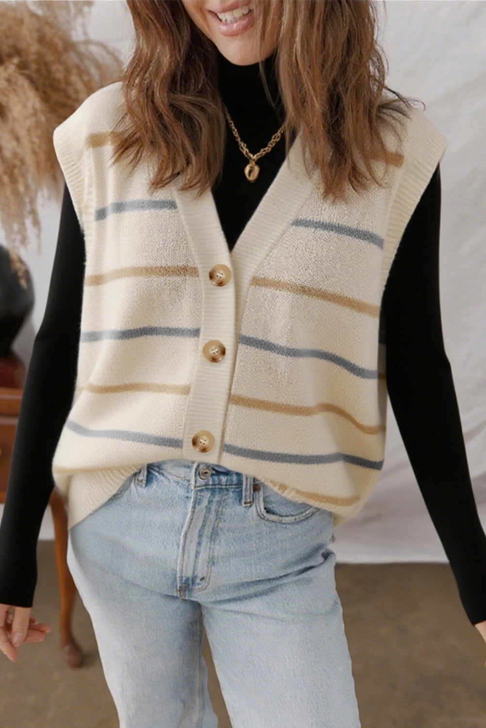 Multicolour Striped Print Button V Neck Sweater Vest-Sweaters & Cardigans/Sweater Vests-[Adult]-[Female]-Multicolour-S-2022 Online Blue Zone Planet