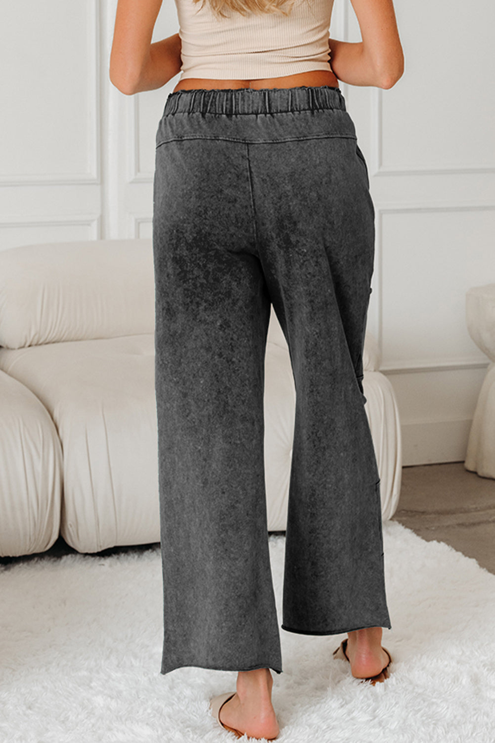 Medium Grey Mineral Wash Lace-Up High Waist Raw Hem Patched Pocket Pants-Bottoms/Pants & Culotte-[Adult]-[Female]-2022 Online Blue Zone Planet