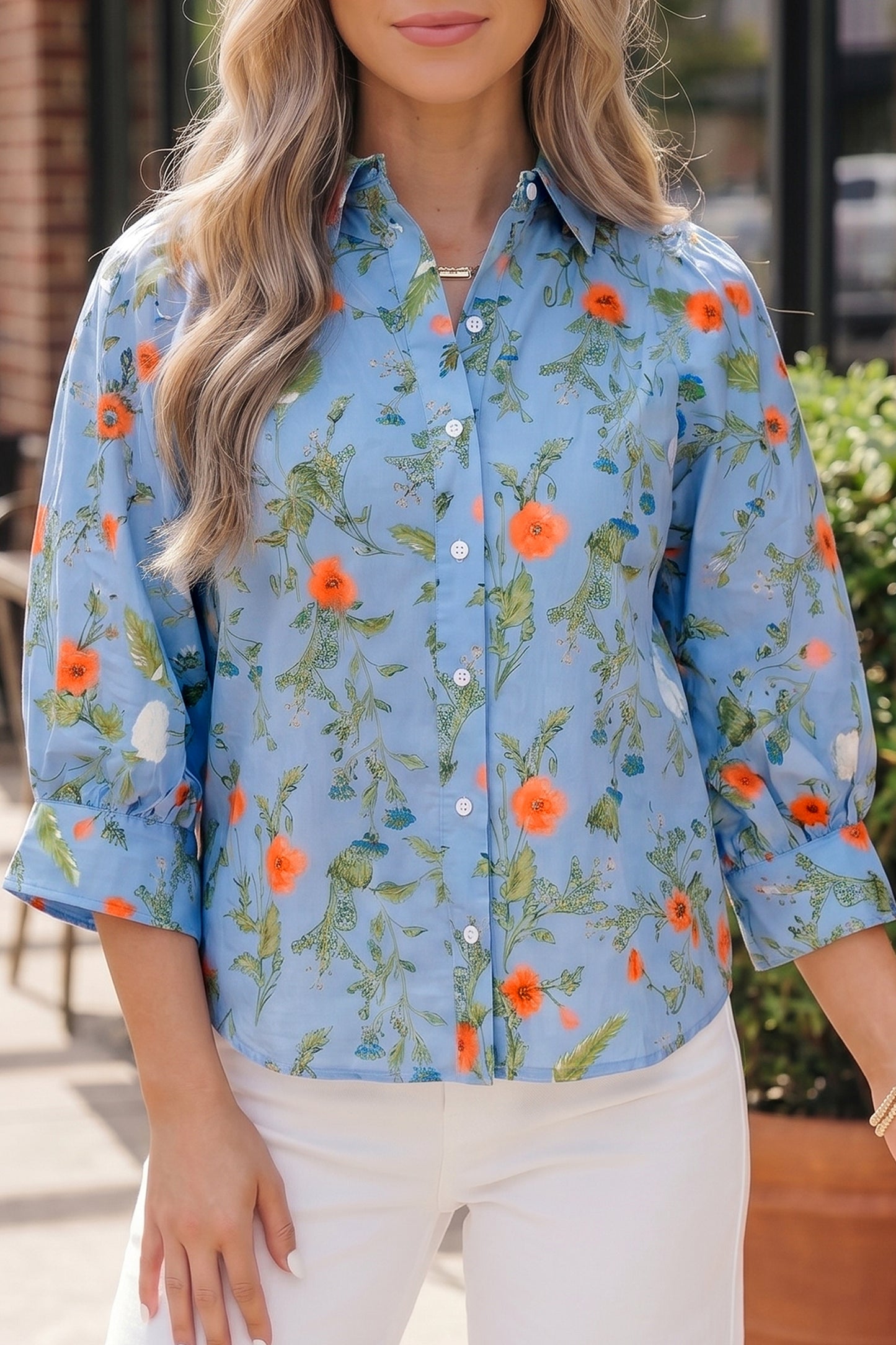 Sky Blue Floral Print Bracelet Sleeve Button Down Casual Shirt-Tops/Blouses & Shirts-[Adult]-[Female]-2022 Online Blue Zone Planet