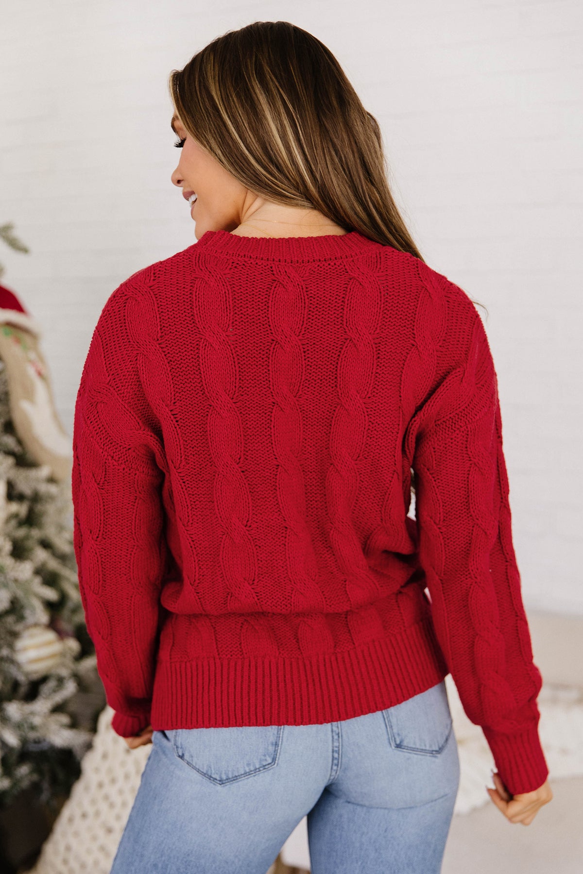 Fiery Red Falala Cable Knit Christmas Dropped Shoulder Pullover Sweater