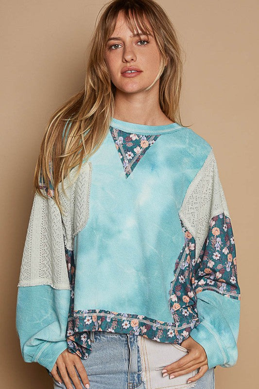 POL Floral Patchwork Round Neck Knit Top-TOPS / DRESSES-[Adult]-[Female]-Teal-S-2022 Online Blue Zone Planet