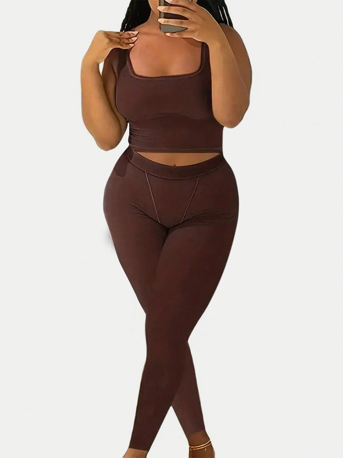 Blue Zone Planet | Square Neck Wide Strap Top and Leggings Set-TOPS / DRESSES-[Adult]-[Female]-Chocolate-S-2022 Online Blue Zone Planet