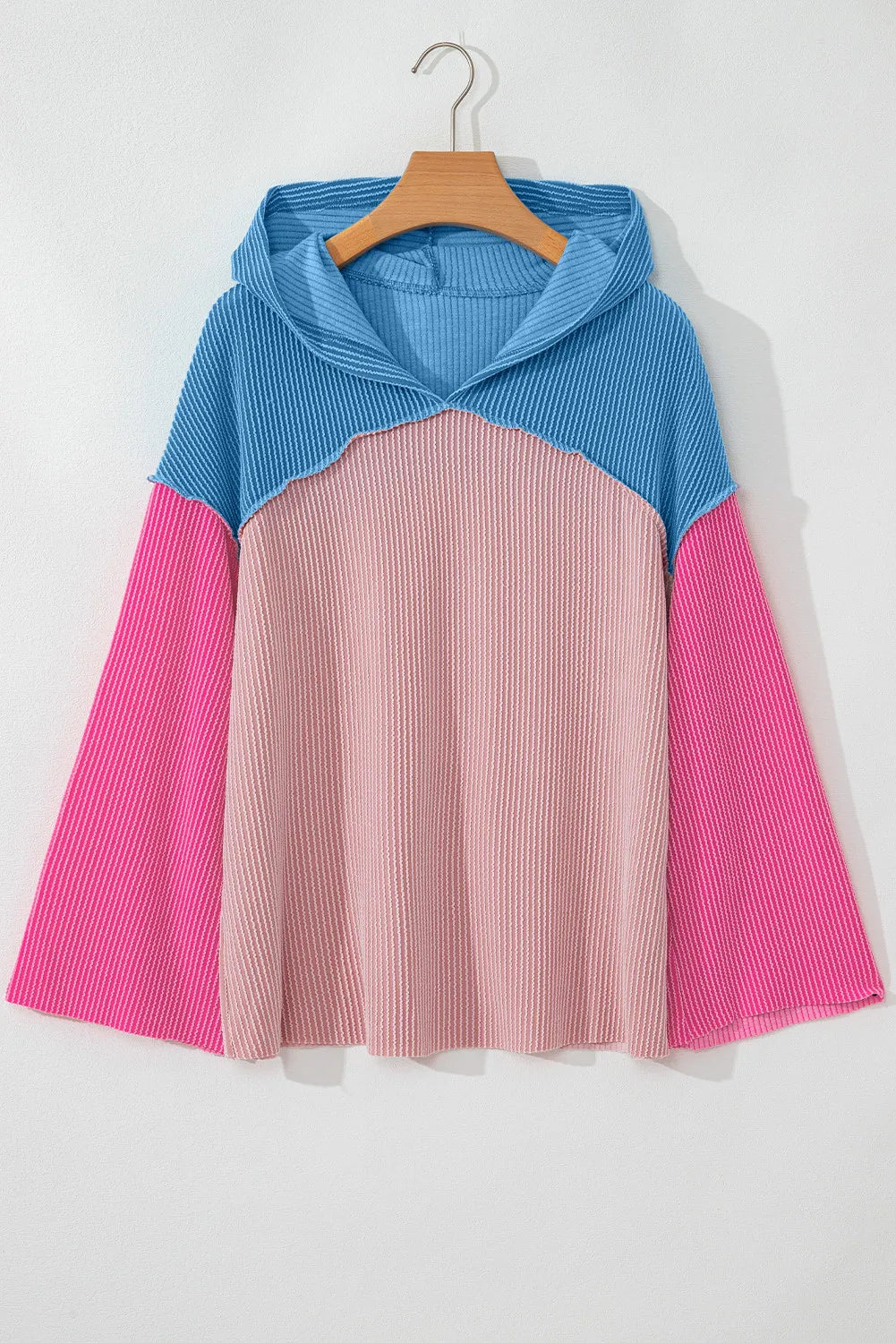 Textured Color Block Long Sleeve Hoodie-TOPS / DRESSES-[Adult]-[Female]-2022 Online Blue Zone Planet