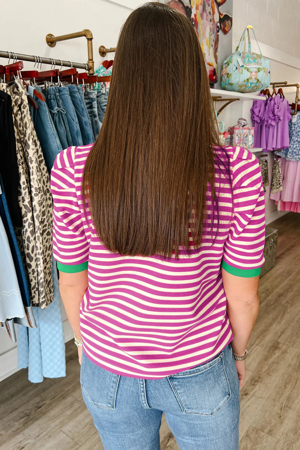 Rose Stripe Short Puff Sleeve Contrast Trim Round Neck Tee-Tops/Tops & Tees-[Adult]-[Female]-2022 Online Blue Zone Planet