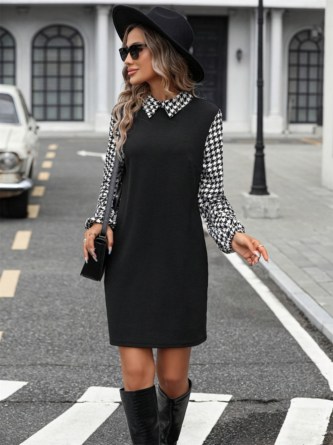 Houndstooth Collared Neck Long Sleeve Mini Dress-TOPS / DRESSES-[Adult]-[Female]-2022 Online Blue Zone Planet