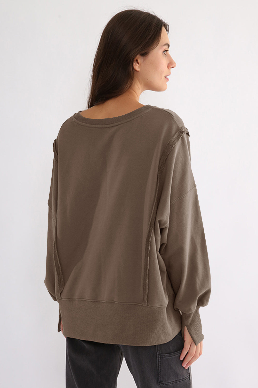 Exposed Seam High-Low Long Sleeve Sweatshirt-TOPS / DRESSES-[Adult]-[Female]-2022 Online Blue Zone Planet