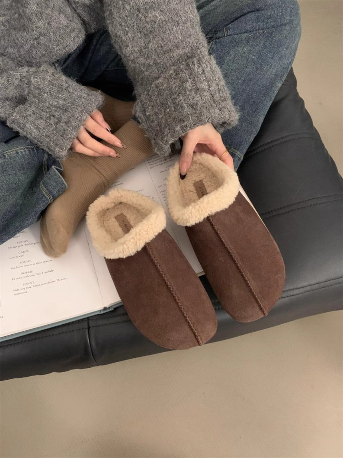 Thermal Fuzzy Round Toe Flat Slippers-SLIPPERS-[Adult]-[Female]-2022 Online Blue Zone Planet