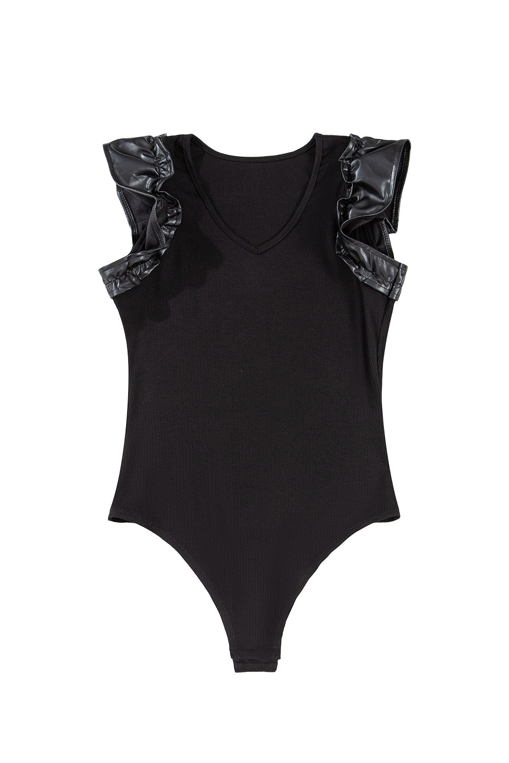 Black Leatherette Ruffle Patchwork Ribbed V Neck Bodysuit-Tops/Bodysuits-[Adult]-[Female]-2022 Online Blue Zone Planet