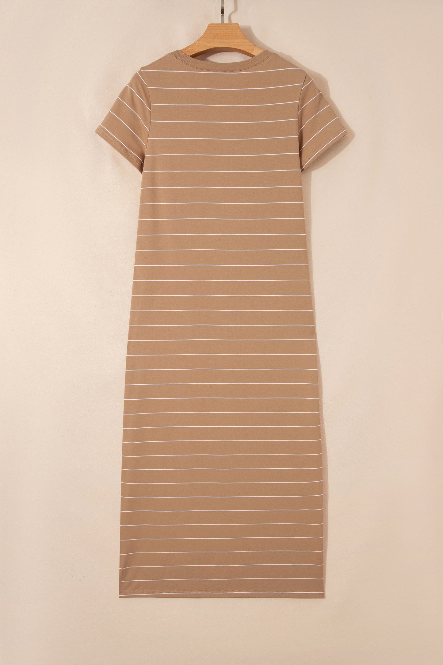Khaki Stripe Casual Short Sleeve Side Slit Maxi T Shirt Dress-TOPS / DRESSES-[Adult]-[Female]-2022 Online Blue Zone Planet
