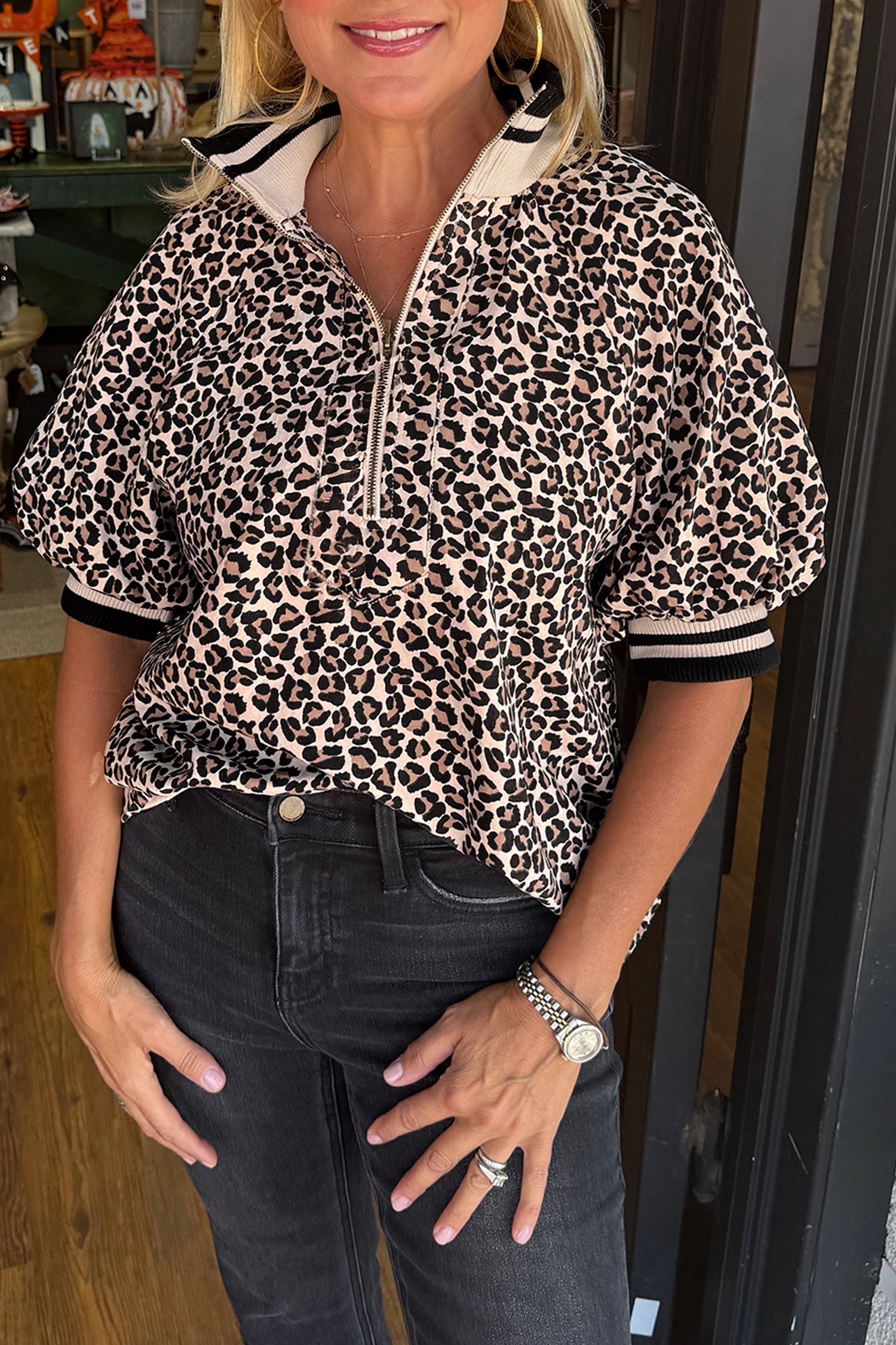 Brown Leopard Print Half Zip Striped Trim Patchwork Short Sleeve Top-Tops/Blouses & Shirts-[Adult]-[Female]-Brown-S-2022 Online Blue Zone Planet