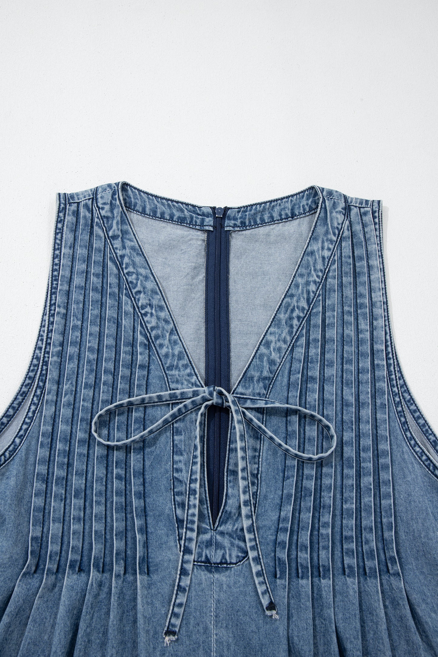 Dusk Blue Acid Wash Pintuck Tie V Neck Denim Wide Leg Jumpsuit-Bottoms/Jumpsuits & Rompers-[Adult]-[Female]-2022 Online Blue Zone Planet