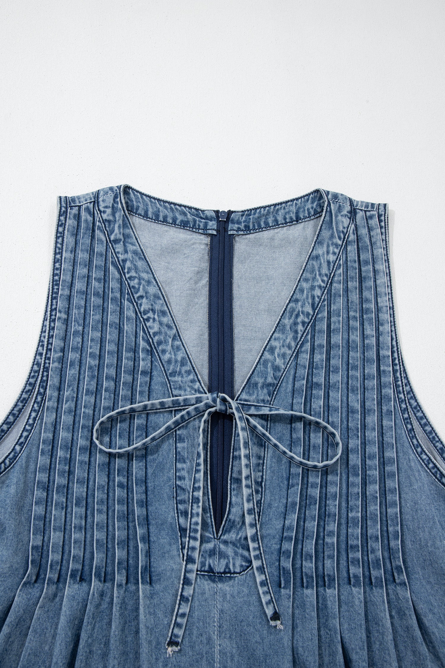 Dusk Blue Acid Wash Pintuck Tie V Neck Denim Wide Leg Jumpsuit-Bottoms/Jumpsuits & Rompers-[Adult]-[Female]-2022 Online Blue Zone Planet