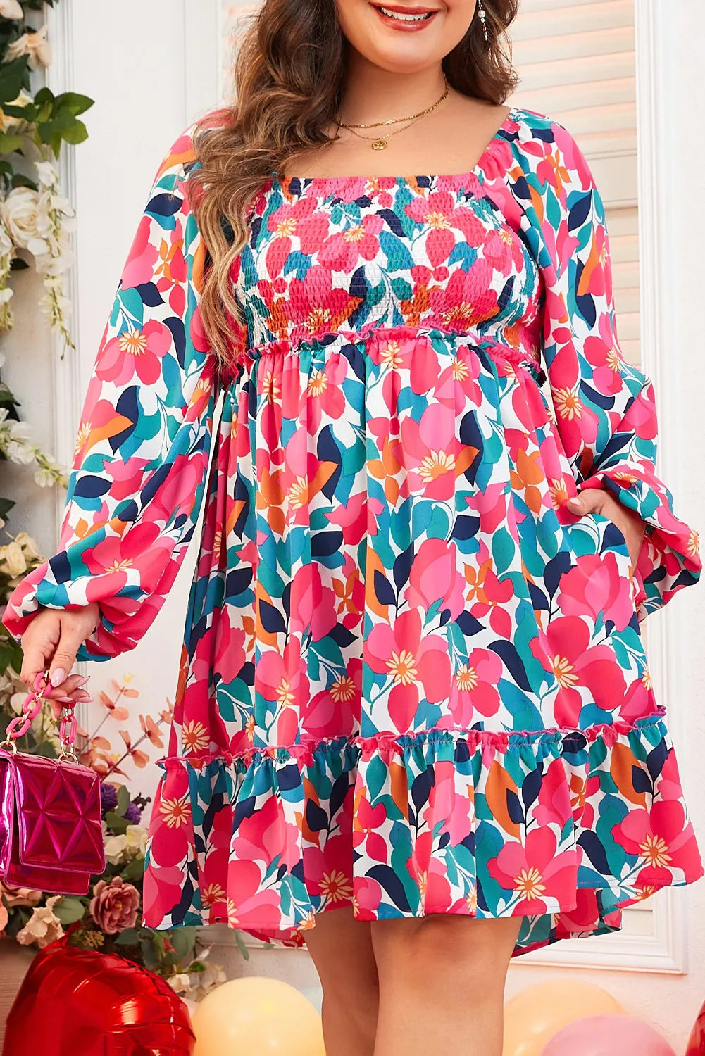 Plus Size Smocked Floral Square Neck Balloon Sleeve Dress-TOPS / DRESSES-[Adult]-[Female]-Floral-1XL-2022 Online Blue Zone Planet