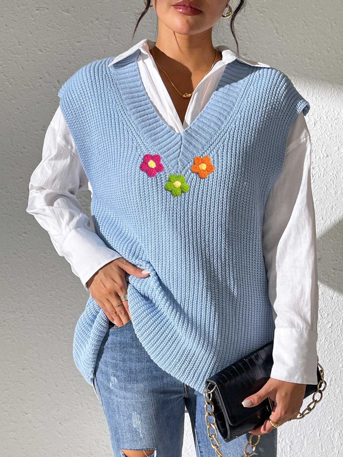 Flower V-Neck Sweater Vest-TOPS / DRESSES-[Adult]-[Female]-2022 Online Blue Zone Planet