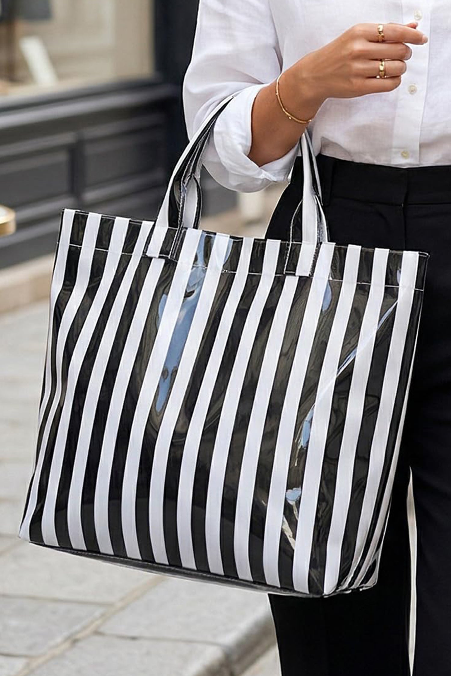 Blackish Green Glossy Striped Vinyl Large Tote Bag-Shoes & Bags/Handbags-[Adult]-[Female]-2022 Online Blue Zone Planet