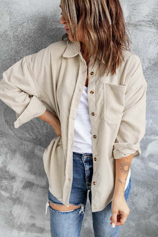 Blue Zone Planet | Collared Neck Button Up Dropped Shoulder Shacket-TOPS / DRESSES-[Adult]-[Female]-Beige-S-2022 Online Blue Zone Planet