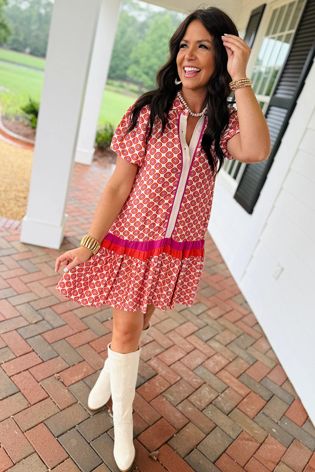 Orange Geometric Floral Print Color Block Trim Button Front Ruffle Hem Dress-TOPS / DRESSES-[Adult]-[Female]-2022 Online Blue Zone Planet