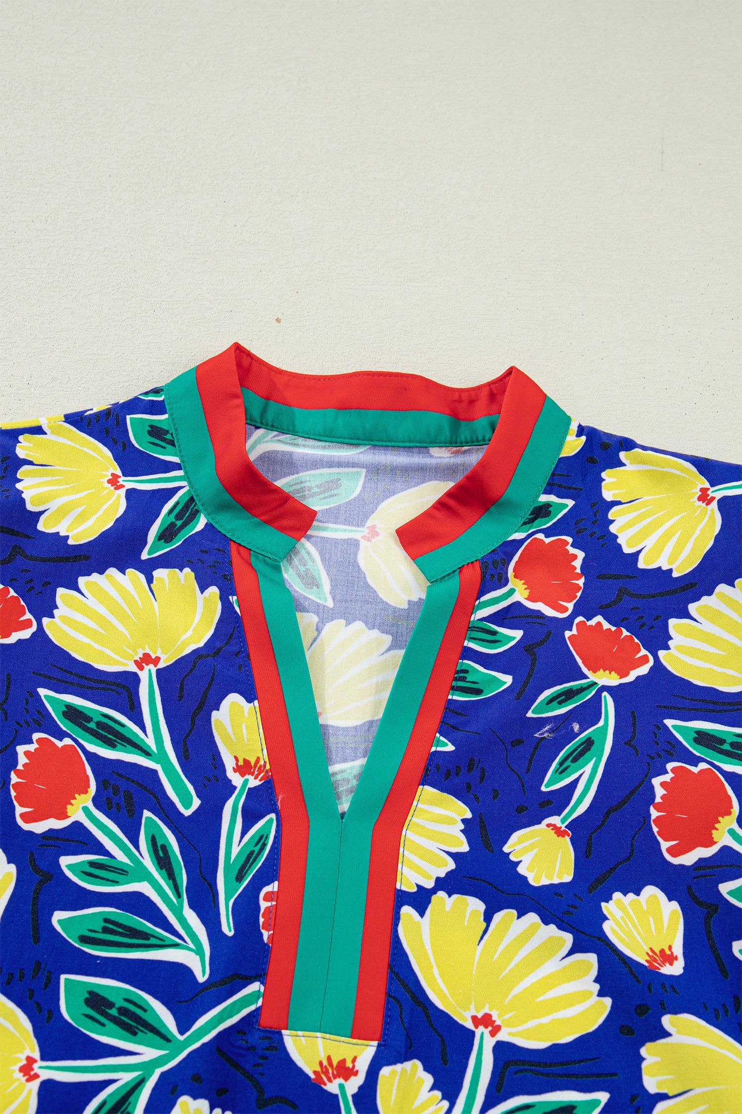 Blue Wild Floral Printed Contrast Striped Patchwork V Neck Short Sleeve Blouse-Tops/Blouses & Shirts-[Adult]-[Female]-2022 Online Blue Zone Planet