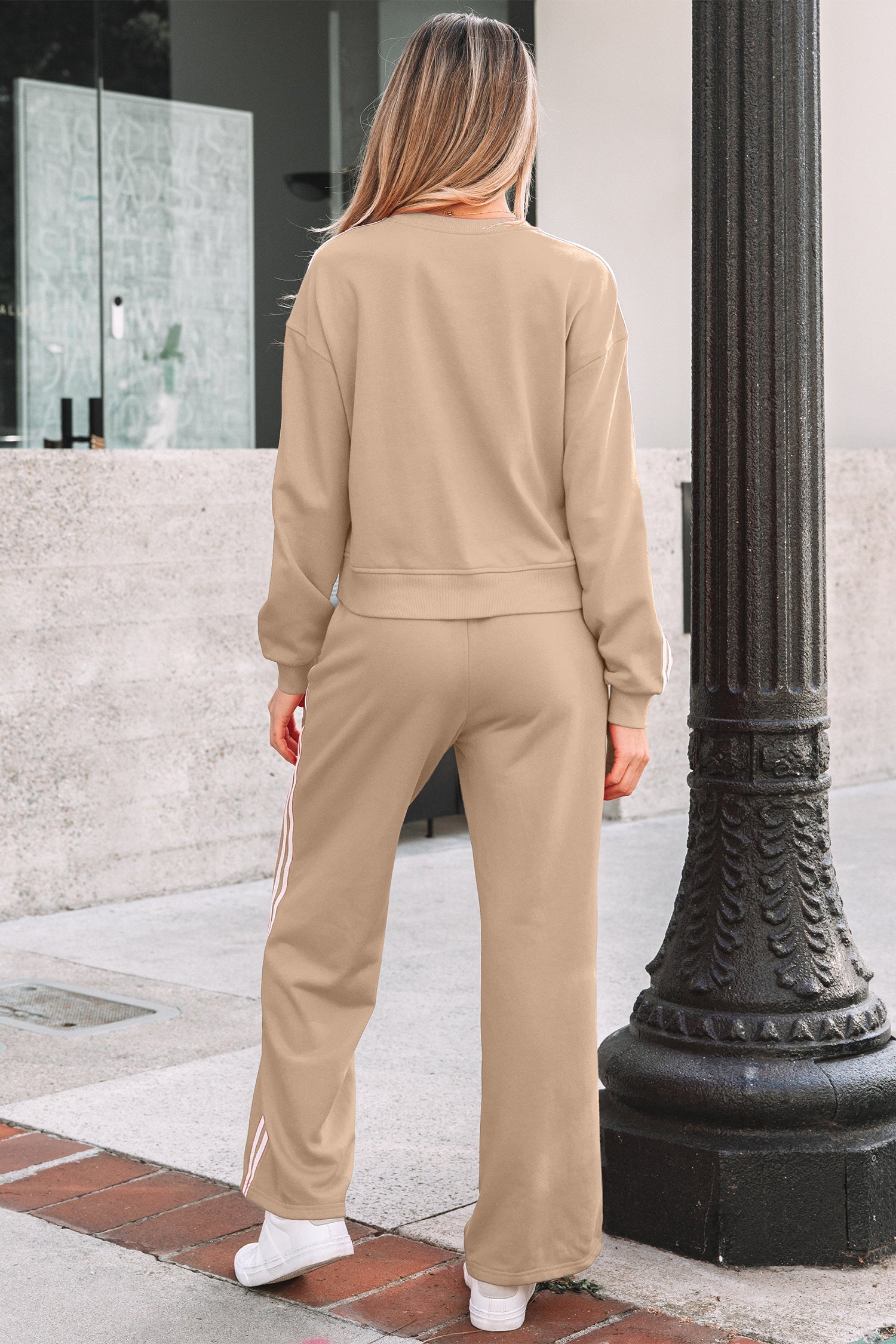 Oatmeal Varsity Striped Detail Crewneck Pullover Elastic Sweatpants 2pcs Outfit-Two Piece Sets/Pant Sets-[Adult]-[Female]-2022 Online Blue Zone Planet