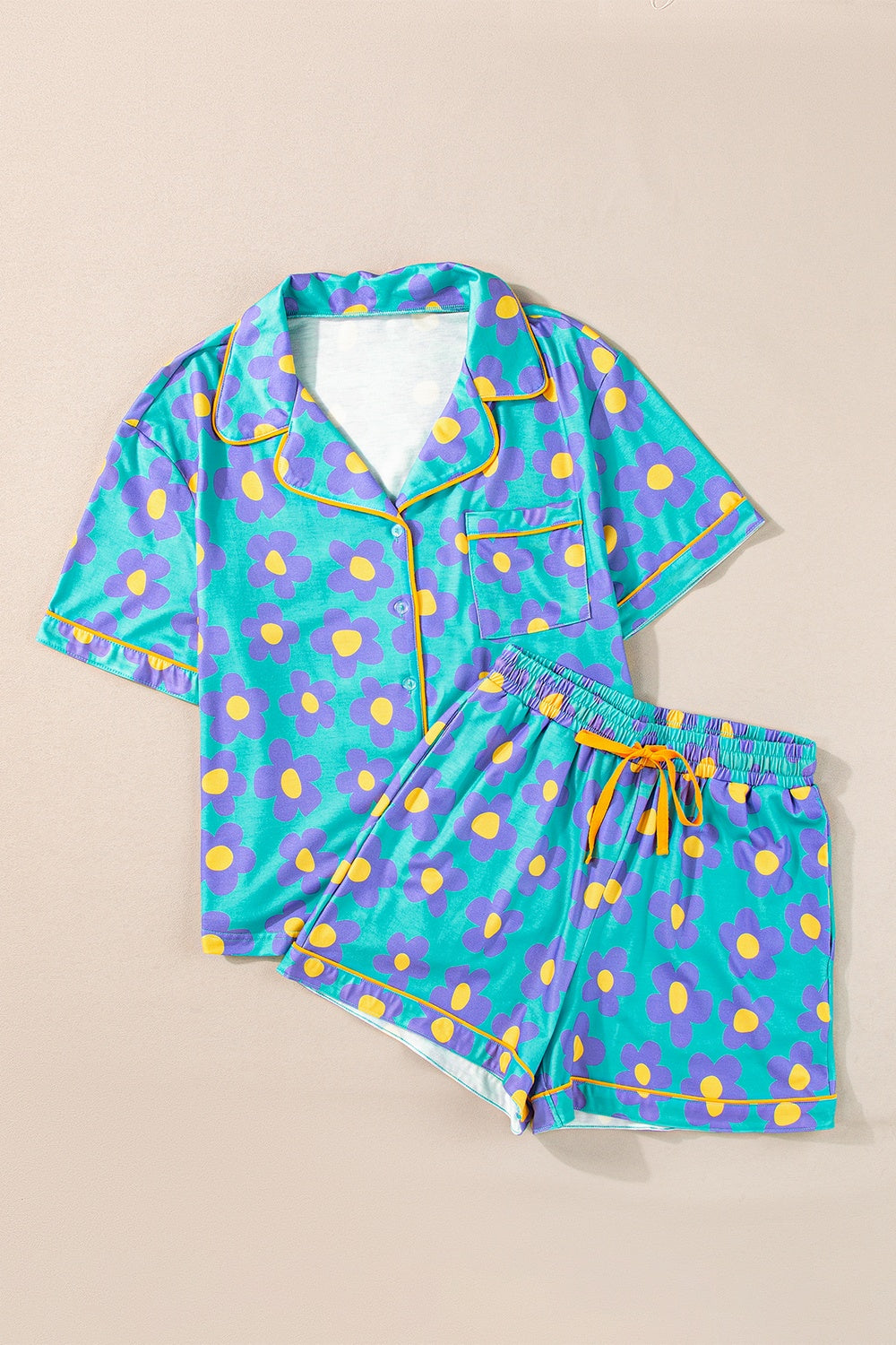 Pocketed Flower Half Sleeve Top and Shorts Lounge Set-TOPS / DRESSES-[Adult]-[Female]-Sky Blue-S-2022 Online Blue Zone Planet