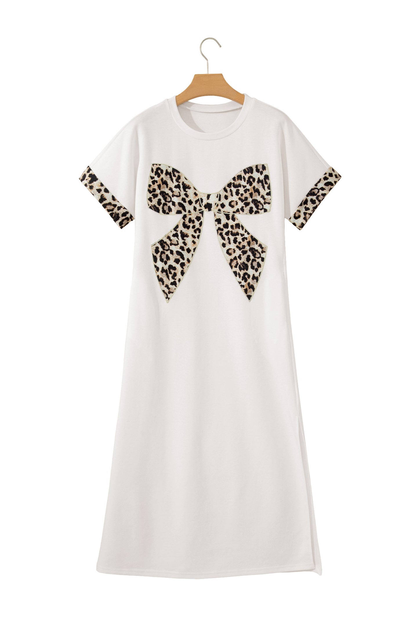 Dark Grey Contrast Leopard Bow Patched Short Sleeve T Shirt Long Dress-TOPS / DRESSES-[Adult]-[Female]-2022 Online Blue Zone Planet