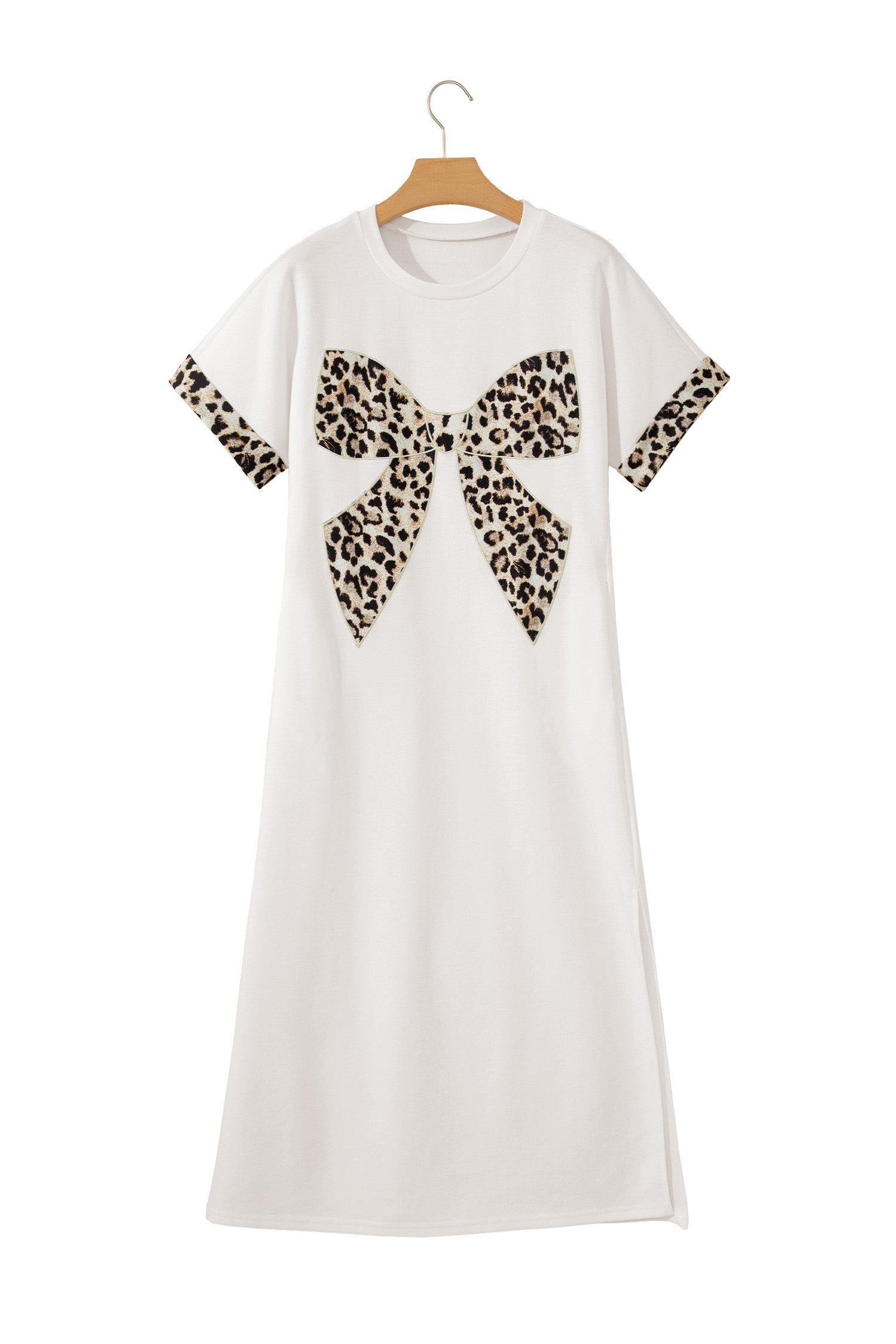 Dark Grey Contrast Leopard Bow Patched Short Sleeve T Shirt Long Dress-TOPS / DRESSES-[Adult]-[Female]-2022 Online Blue Zone Planet