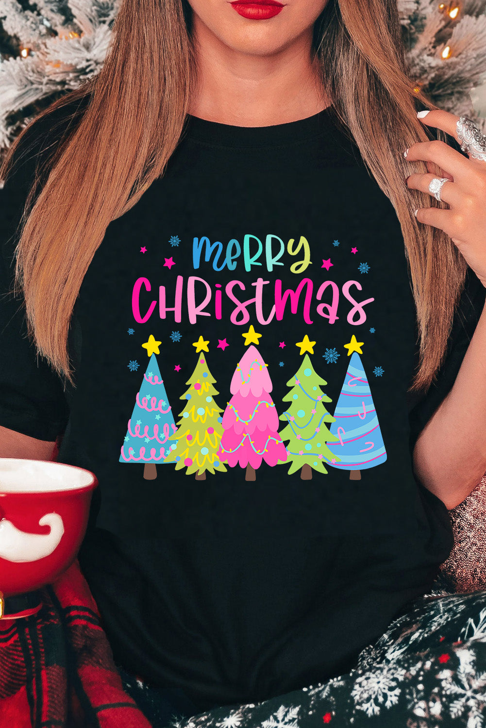 Blue Zone Planet |  Black Merry Christmas Trees Print Crew Neck Loose T Shirt