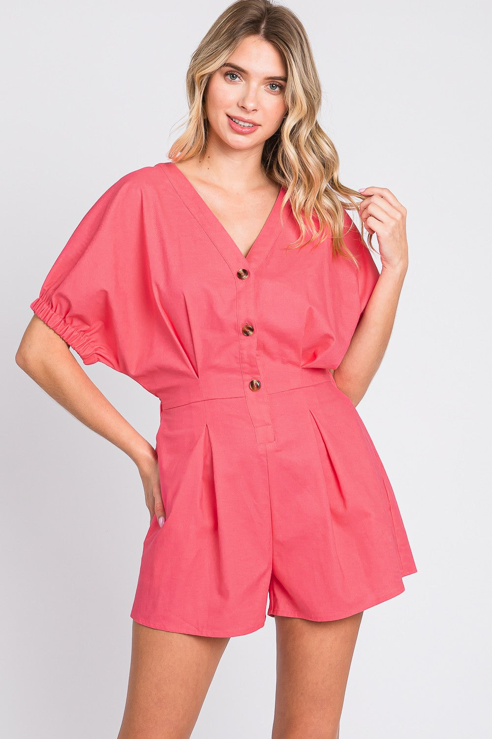 GeeGee Half Button V-Neck Linen Romper-TOPS / DRESSES-[Adult]-[Female]-Pink-S-2022 Online Blue Zone Planet