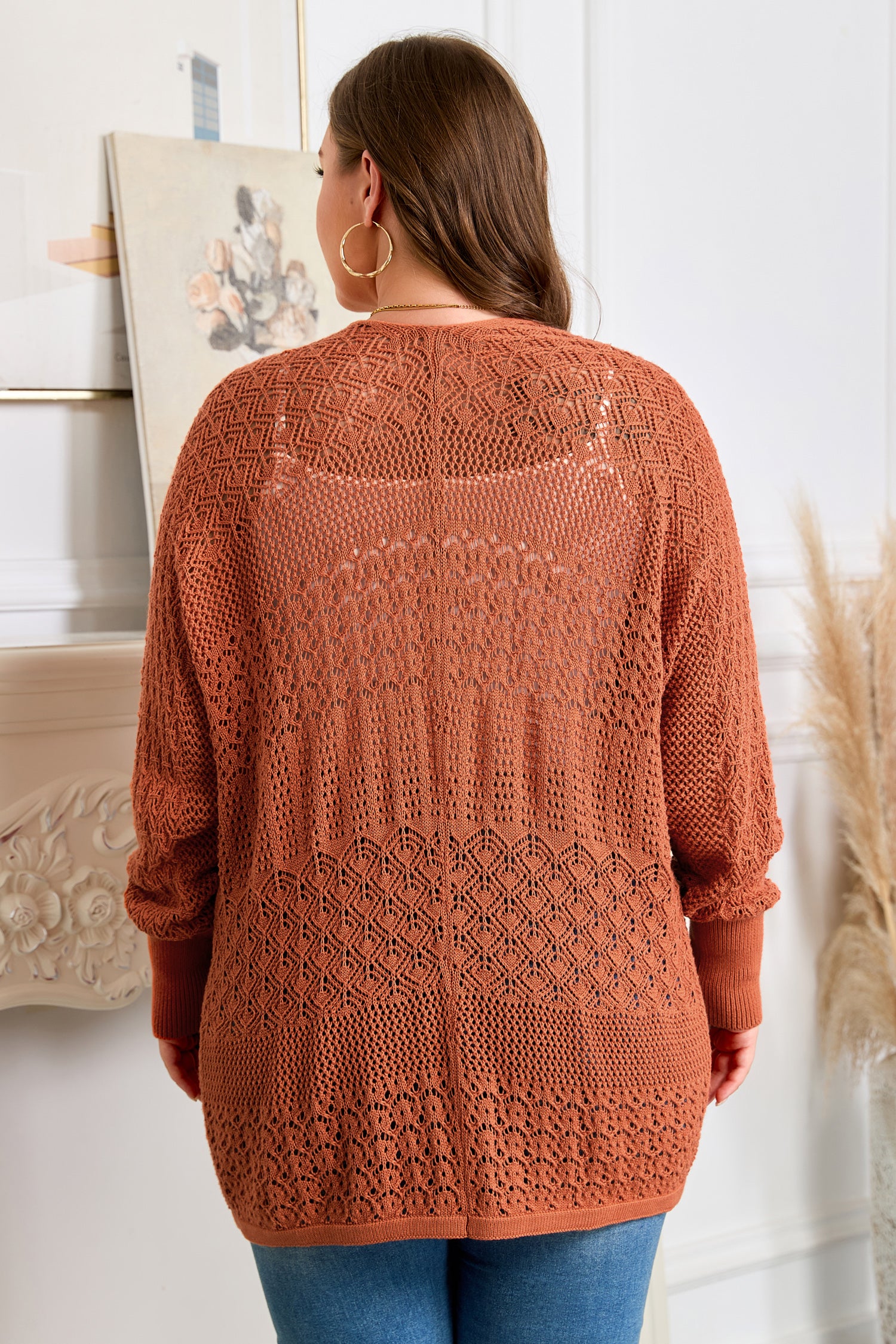 Redwood Burl Mixed Pattern Knitted Open Front Plus Cardigan-Plus Size/Plus Size Sweaters & Cardigans-[Adult]-[Female]-2022 Online Blue Zone Planet
