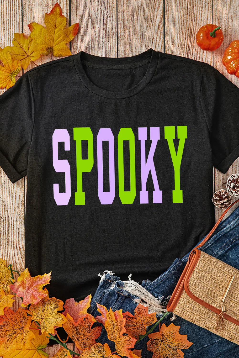 SPOOKY Round Neck Short Sleeve T-Shirt-TOPS / DRESSES-[Adult]-[Female]-2022 Online Blue Zone Planet