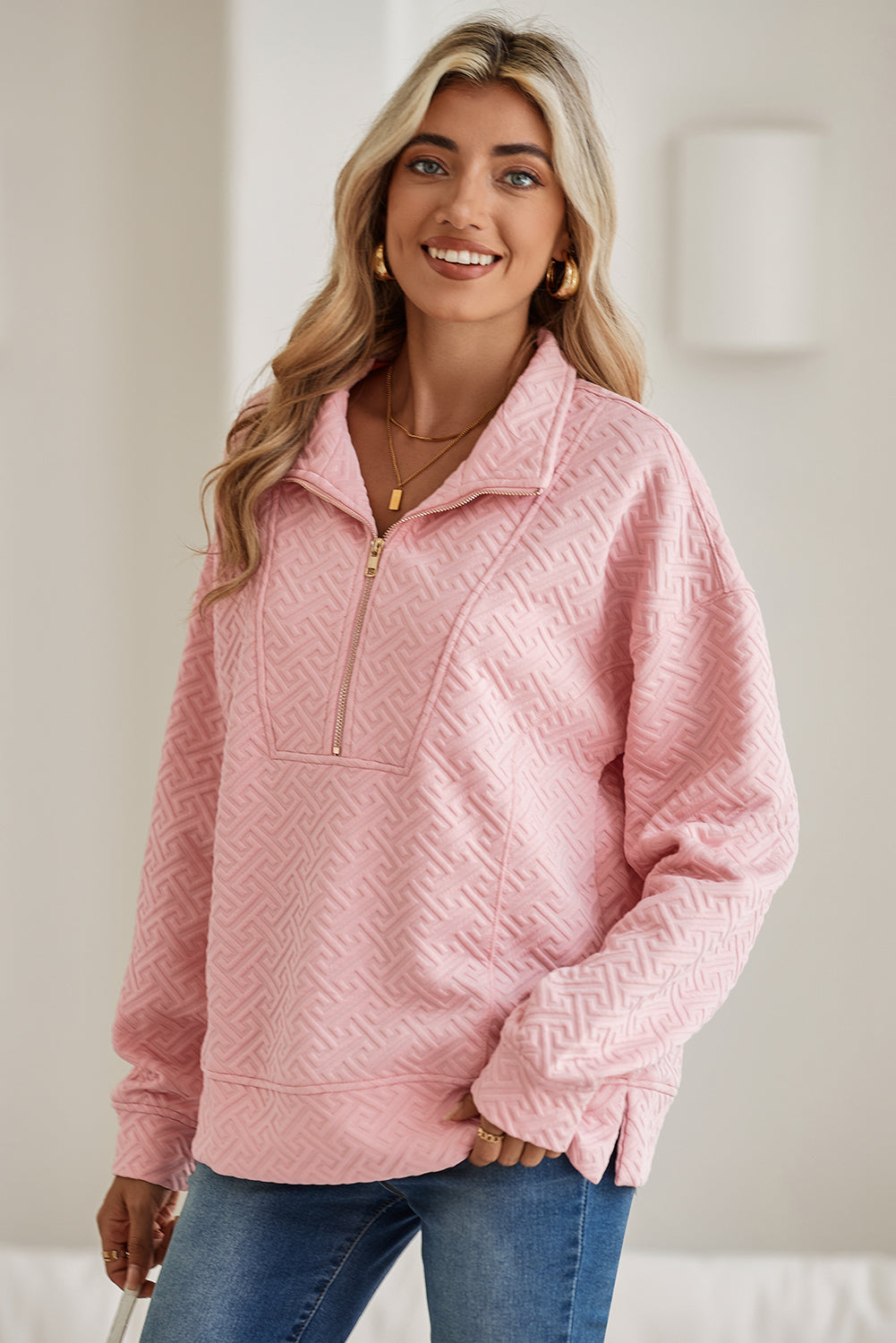 Light Pink Solid Textured Half Zipper Collared Sweatshirt-Sweatshirts & Hoodies-[Adult]-[Female]-2022 Online Blue Zone Planet