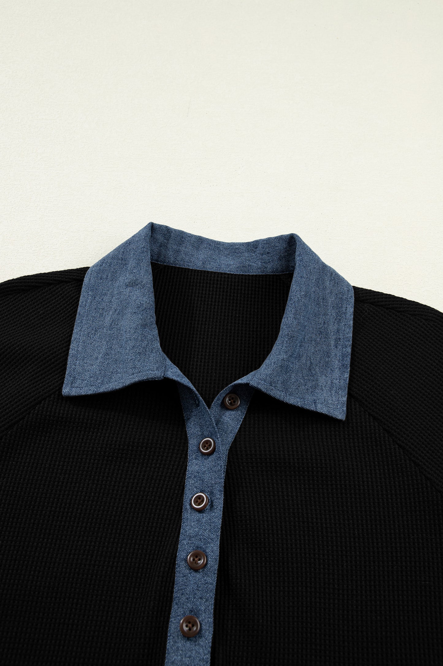 Black Textured Knit Denim Patchwork Button Polo Collar Long Sleeve Top-Tops/Long Sleeve Tops-[Adult]-[Female]-2022 Online Blue Zone Planet