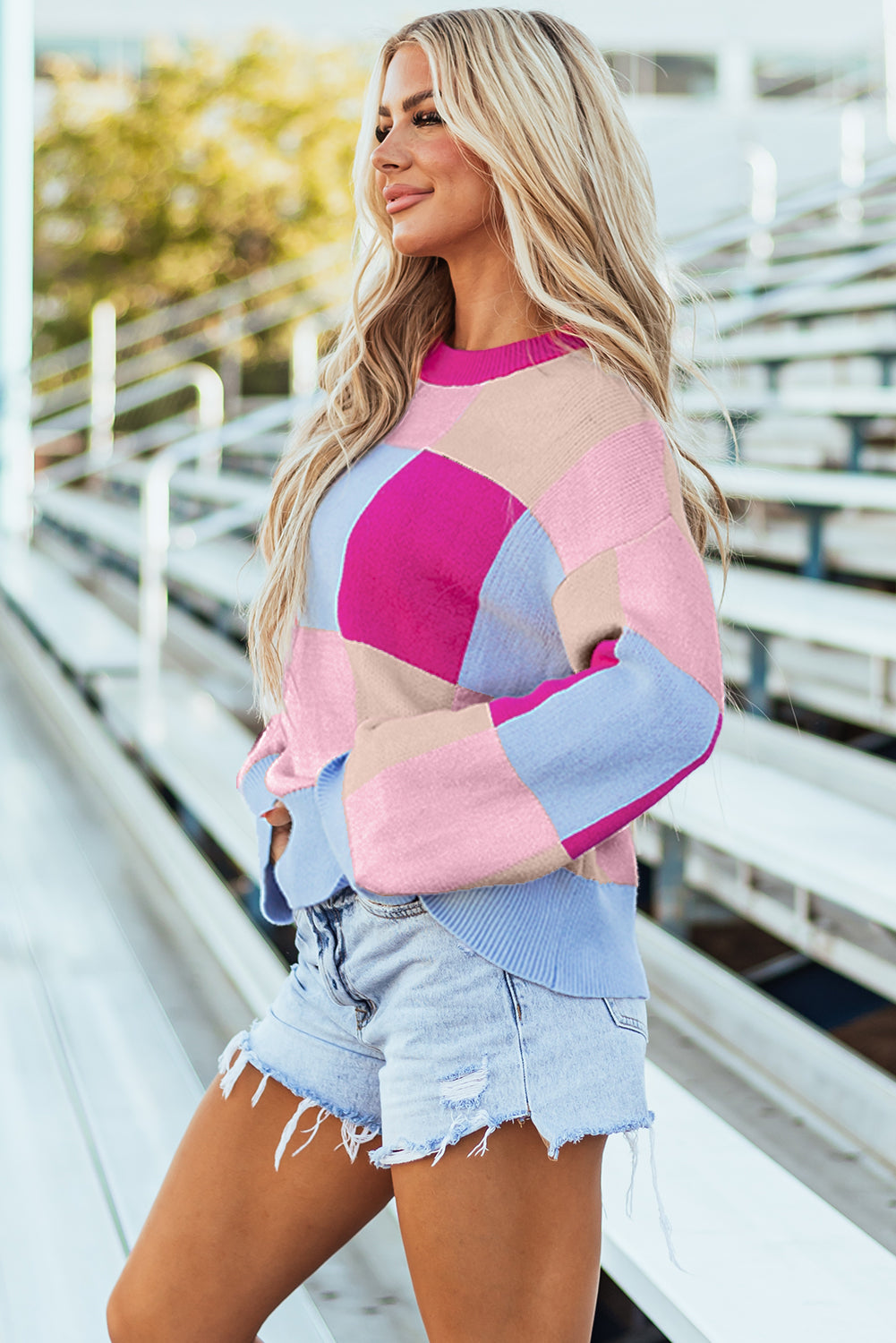 Blue Zone Planet | Rose Red Color Block Drop Shoulder Crewneck Loose Fit Sweater-Sweaters & Cardigans/Sweaters-[Adult]-[Female]-2022 Online Blue Zone Planet