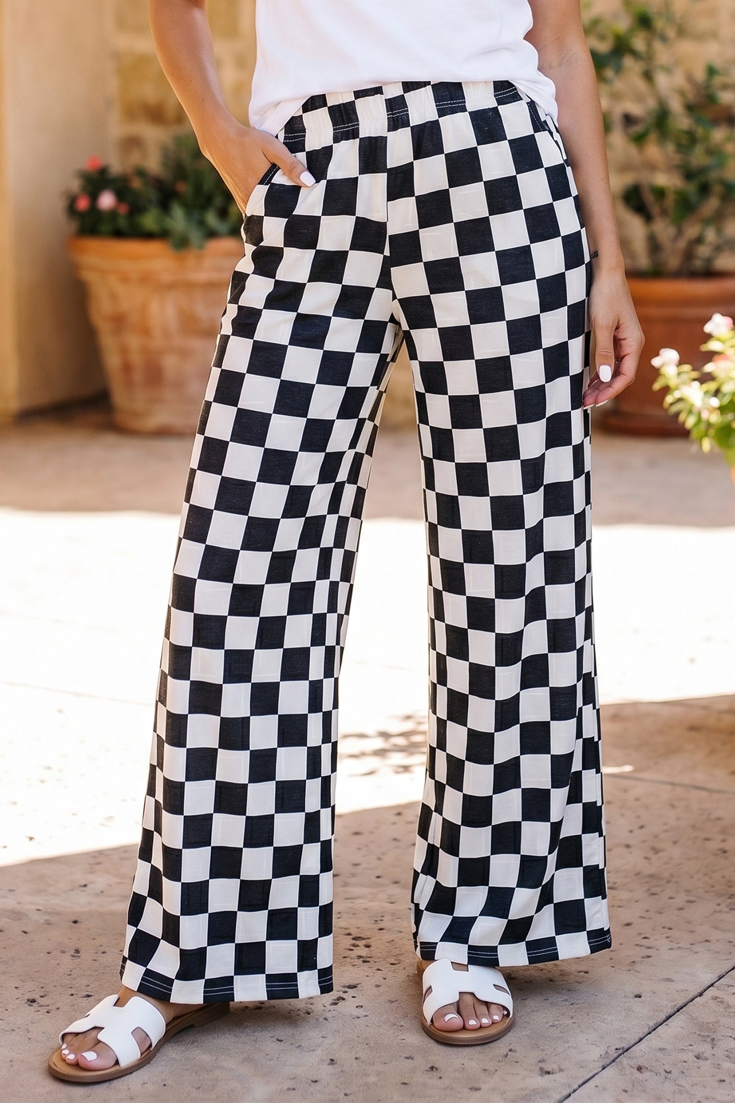 Blue Zone Planet | Black 2-Tone Checked Print High Waist Wide Leg Pants-Bottoms/Pants & Culotte-[Adult]-[Female]-2022 Online Blue Zone Planet