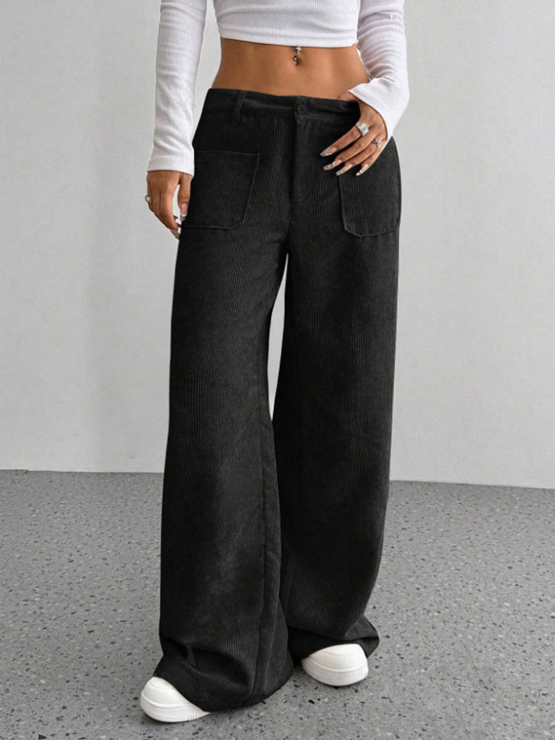 Wide Leg Pants with Pockets-BOTTOMS SIZES SMALL MEDIUM LARGE-[Adult]-[Female]-Black-S-2022 Online Blue Zone Planet