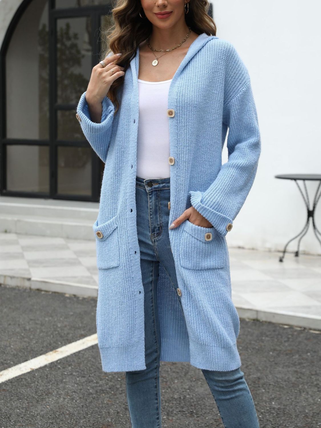 Pocketed Button Up Long Sleeve Hooded Cardigan-TOPS / DRESSES-[Adult]-[Female]-2022 Online Blue Zone Planet