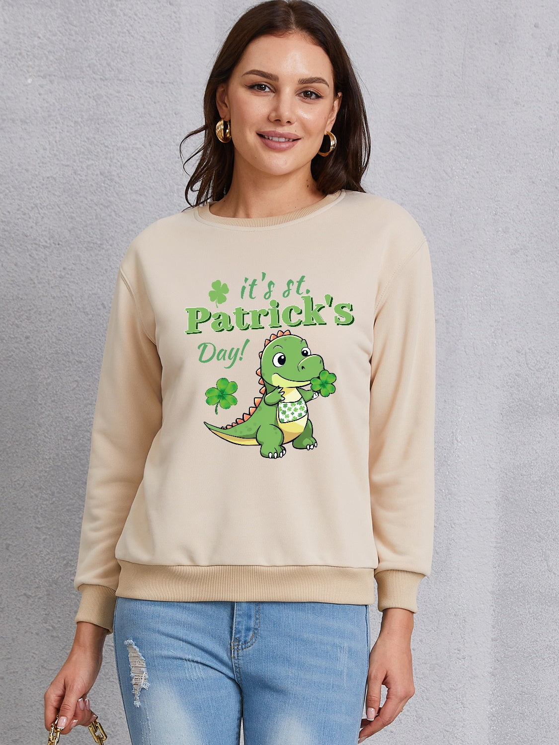 IT'S ST. PATRICK'S DAY Graphic Round Neck Sweatshirt-TOPS / DRESSES-[Adult]-[Female]-Khaki-S-2022 Online Blue Zone Planet