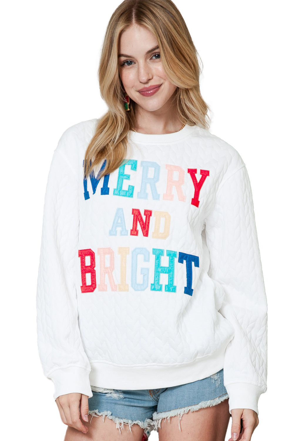 White Merry and Bright Quilted Sweatshirt-Sweatshirts & Hoodies-[Adult]-[Female]-2022 Online Blue Zone Planet