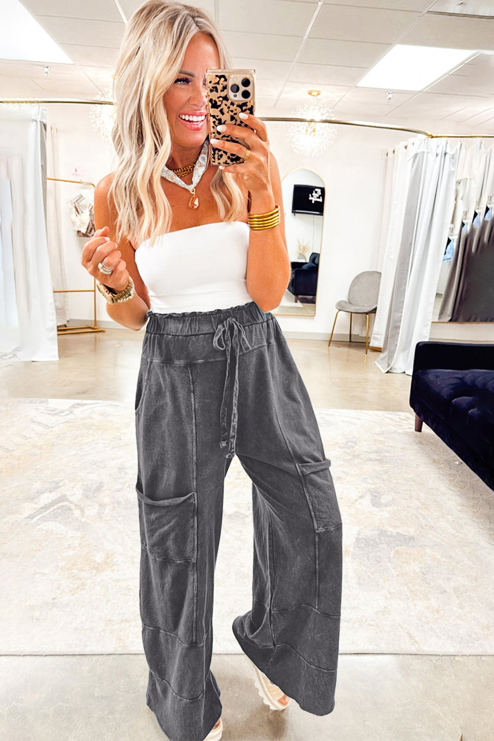 Medium Grey Mineral Wash Lace-Up High Waist Raw Hem Patched Pocket Pants-Bottoms/Pants & Culotte-[Adult]-[Female]-2022 Online Blue Zone Planet