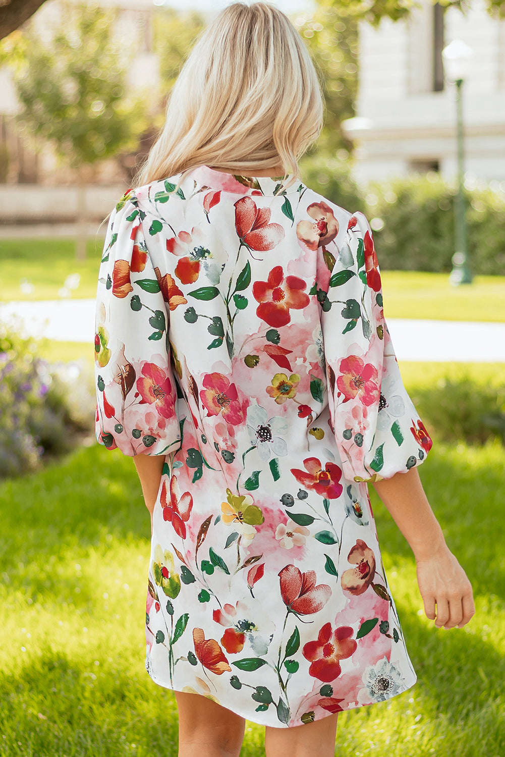 Red Floral Contrast Striped V Neck Puff Half Sleeve Shift Dress-TOPS / DRESSES-[Adult]-[Female]-2022 Online Blue Zone Planet