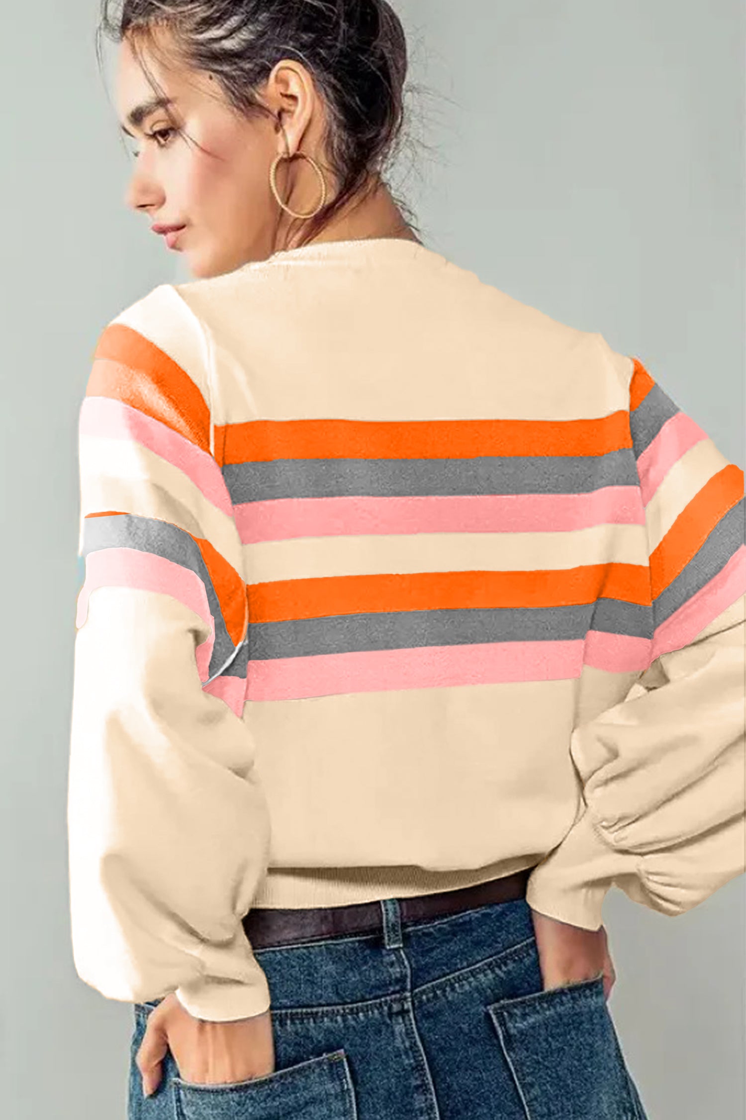 Beige Stripe Puff Sleeve Casual Pullover Sweatshirt-Tops/Sweatshirts & Hoodies-[Adult]-[Female]-2022 Online Blue Zone Planet