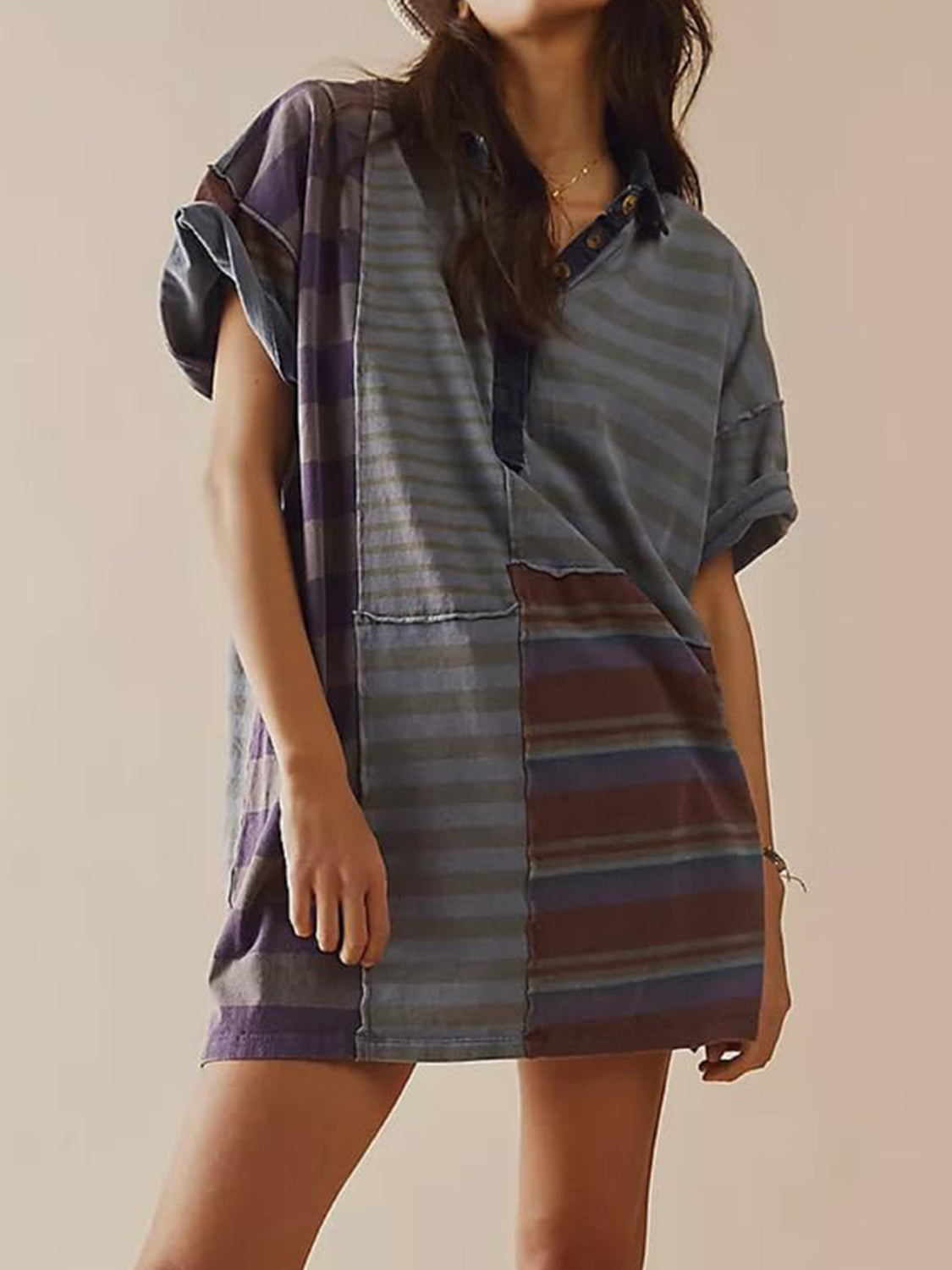 Blue Zone Planet | Exposed Seam Striped Half Sleeve Mini Dress-TOPS / DRESSES-[Adult]-[Female]-Dusty Blue-S-2022 Online Blue Zone Planet