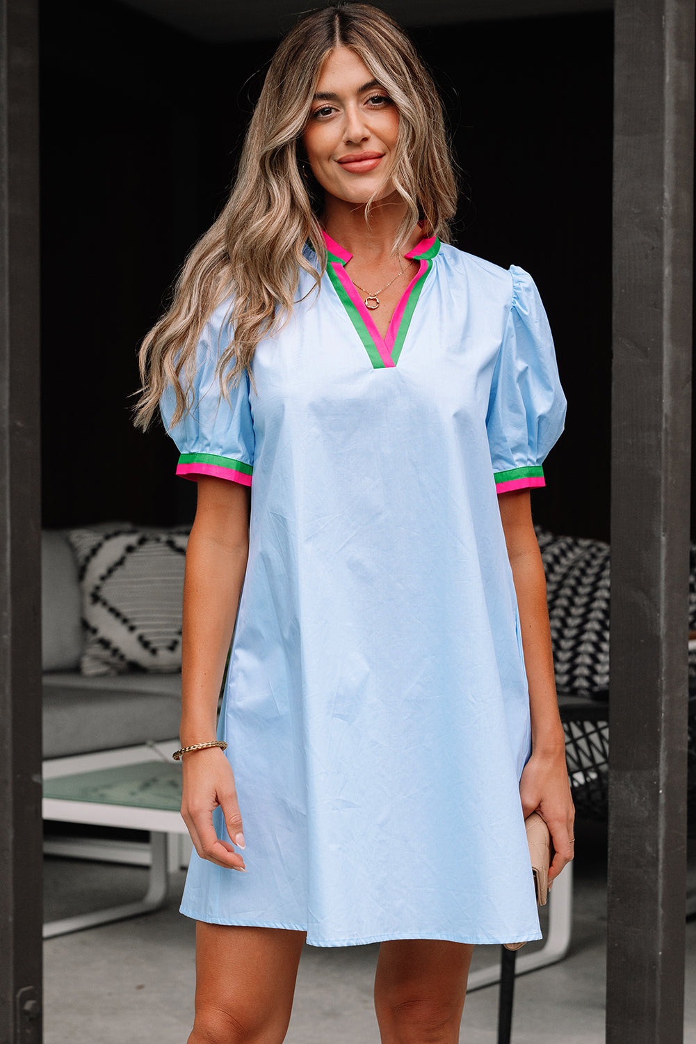 Myosotis Contrast Striped Notched V Neck Puff Sleeve Mini Dress-TOPS / DRESSES-[Adult]-[Female]-2022 Online Blue Zone Planet