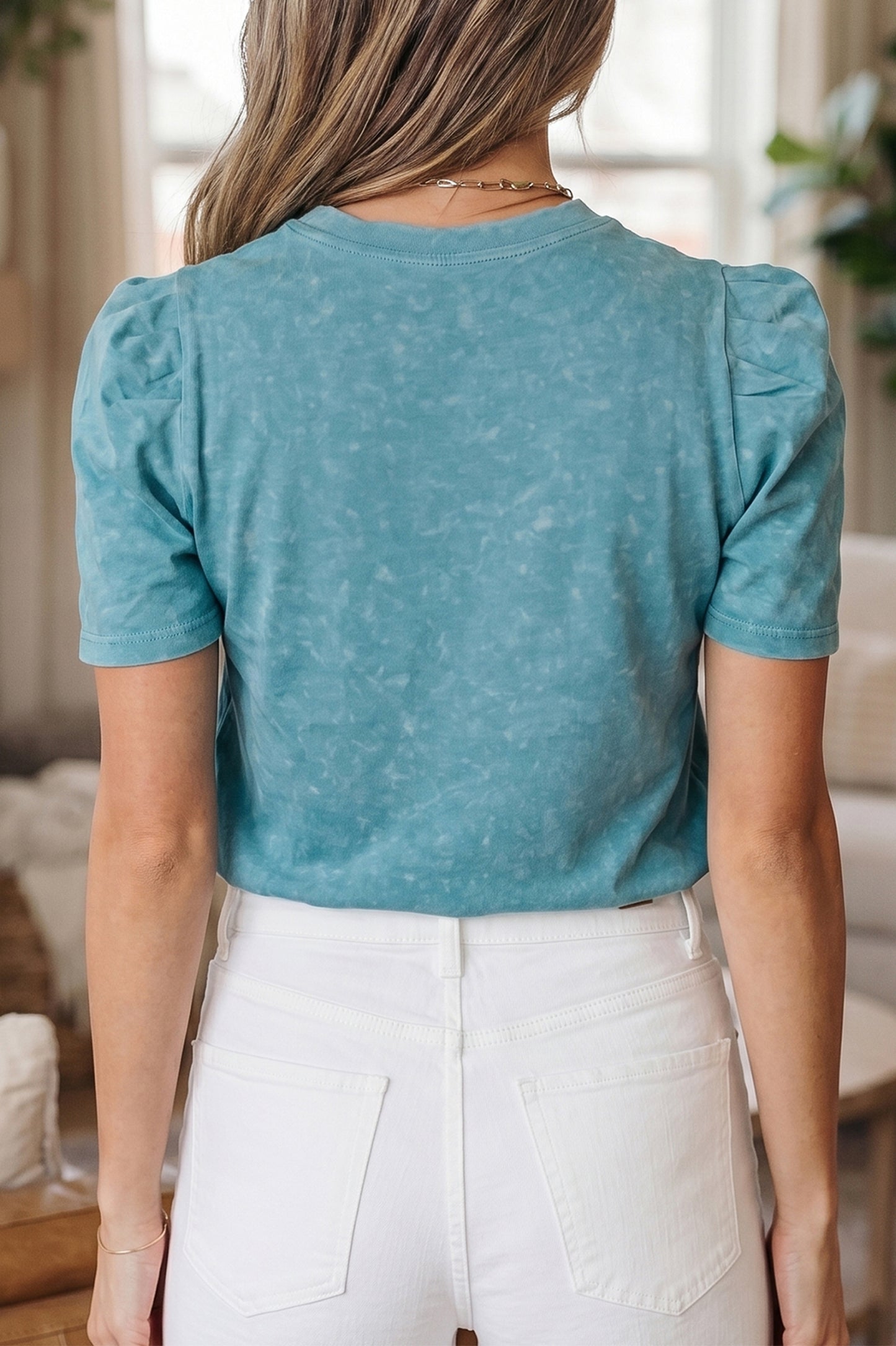 Turquoise Mineral Wash Western Embroidered Detail Short Puff Sleeve Cotton Tee-Tops/Tops & Tees-[Adult]-[Female]-2022 Online Blue Zone Planet