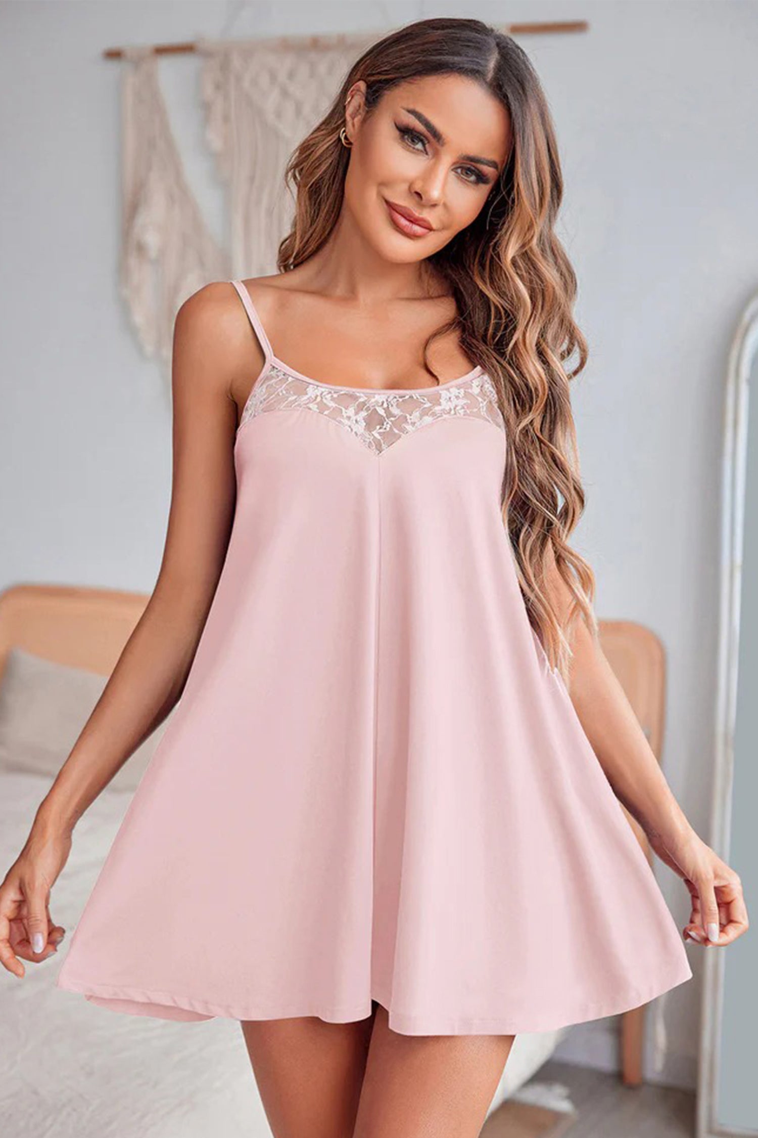 Light Pink Sheer Lace Patchwork Camisole Nightgown Dress-TOPS / DRESSES-[Adult]-[Female]-2022 Online Blue Zone Planet