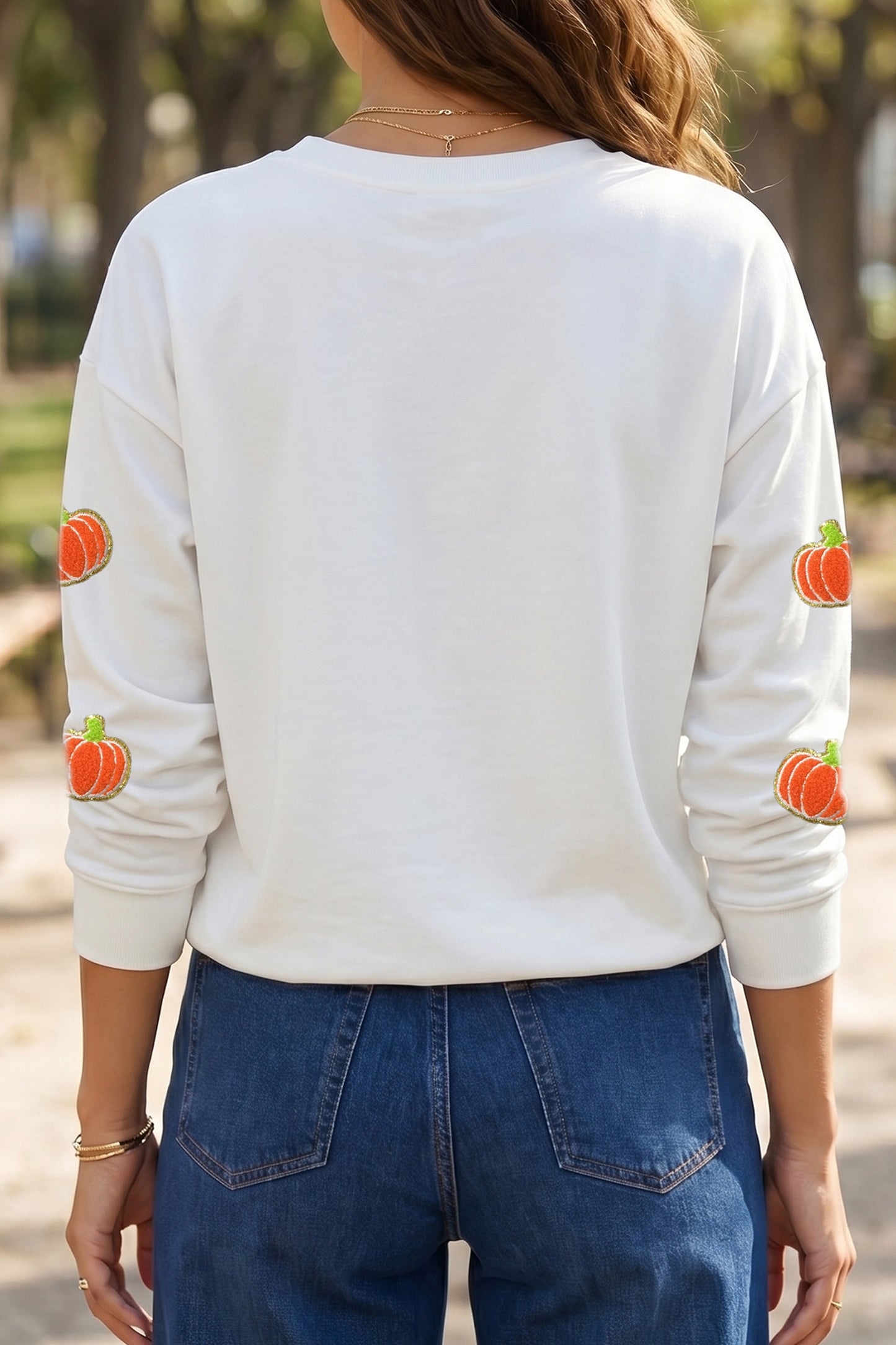 White Glitter Chenille Pumpkin Patch Graphic Long Sleeve Top