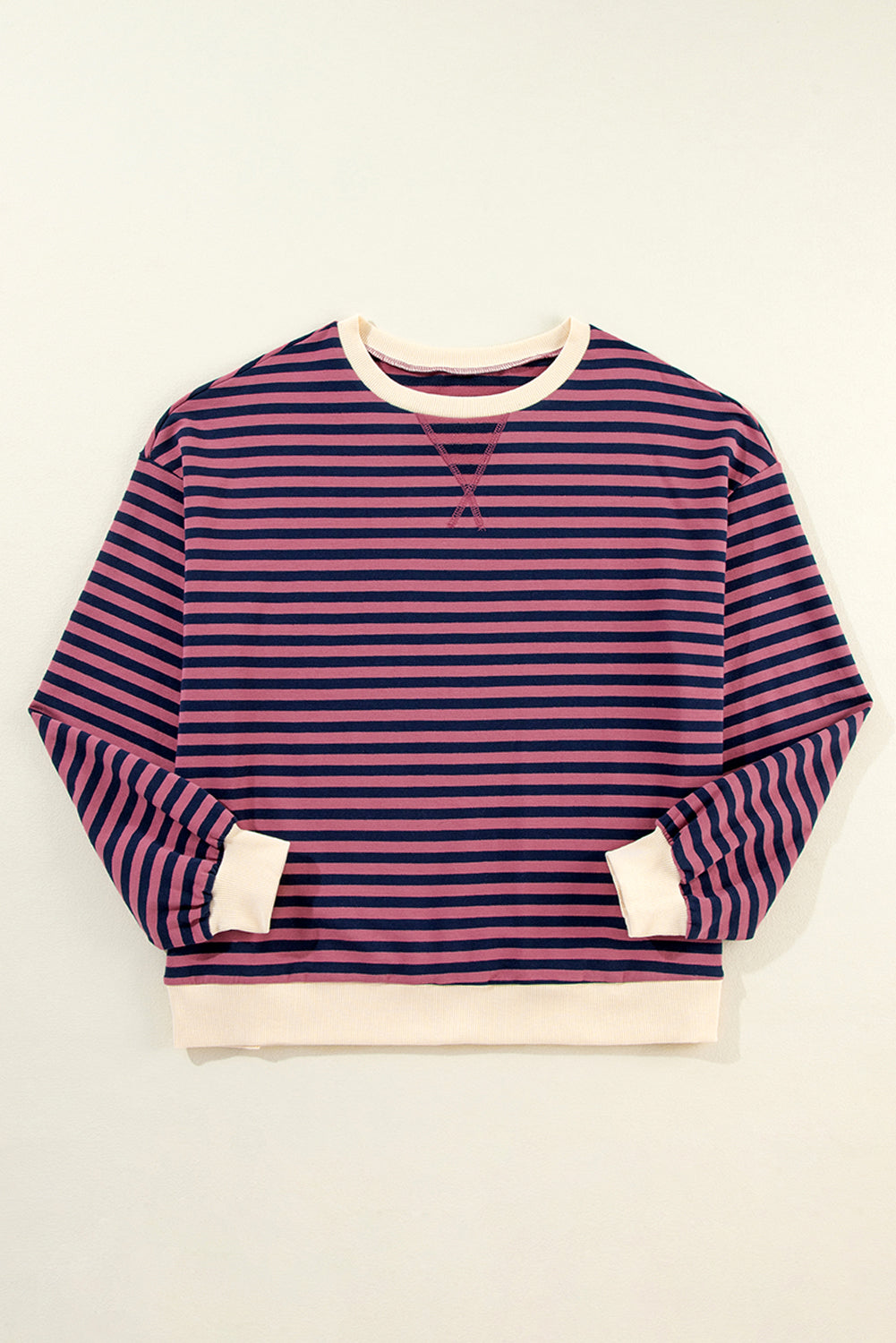 Sky Blue Stripe Oversized Contrast Trim Pullover Sweatshirt-Tops/Sweatshirts & Hoodies-[Adult]-[Female]-2022 Online Blue Zone Planet